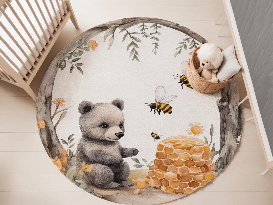 Bear Nursery Rug: Round Baby Room Carpet With Bees - Etsy