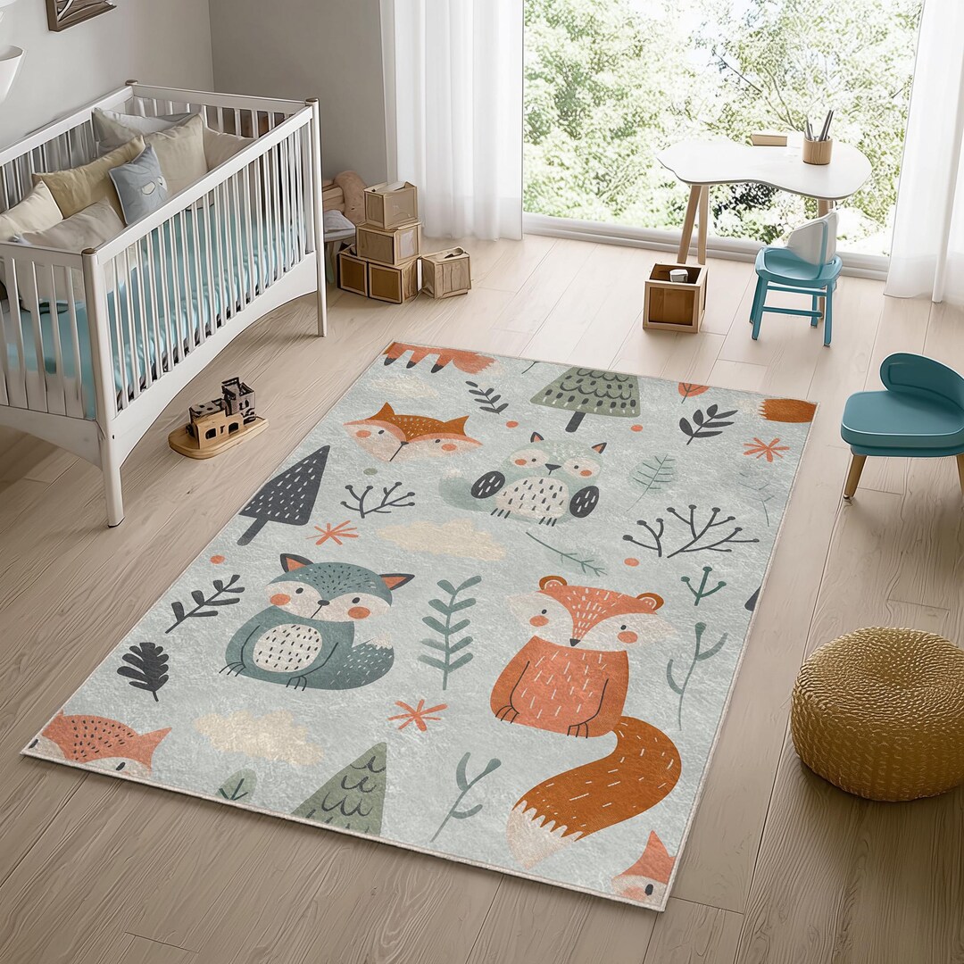 Woodland Animals Kids Rug: Soft Velvet Nursery Playroom Carpet - Etsy