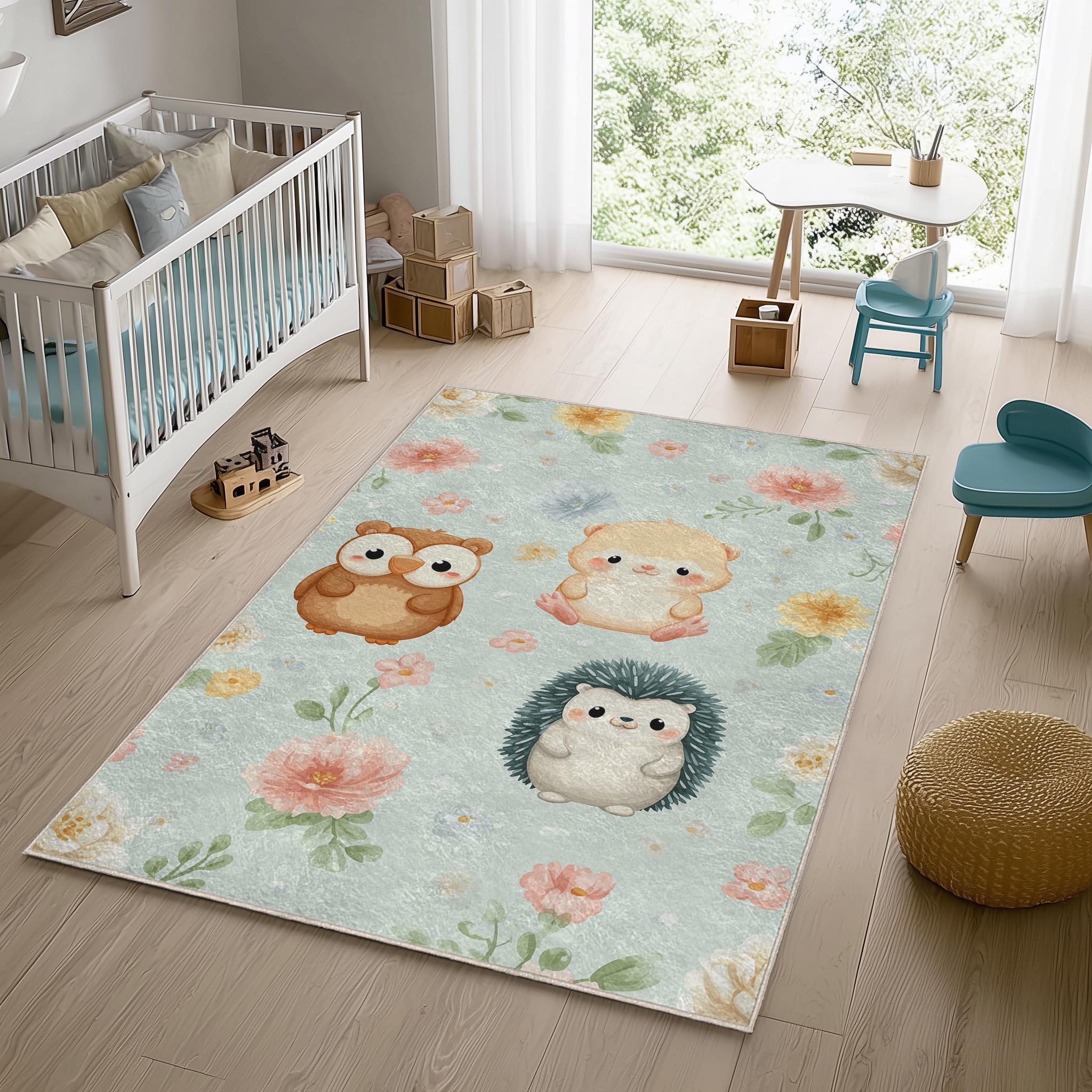 Woodland Nursery Rug: Owl, Hamster & Hedgehog - Soft Kids Play Mat