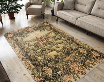 Medieval Castle Tapestry Rug: Non-Slip Woven Floral Area Rug