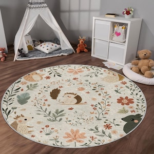 Entzückender Kinderteppich - Igel, Blumen und Wald Design - Weicher Teppich für das Kinderzimmer, Schlafzimmer oder Kinderzimmer