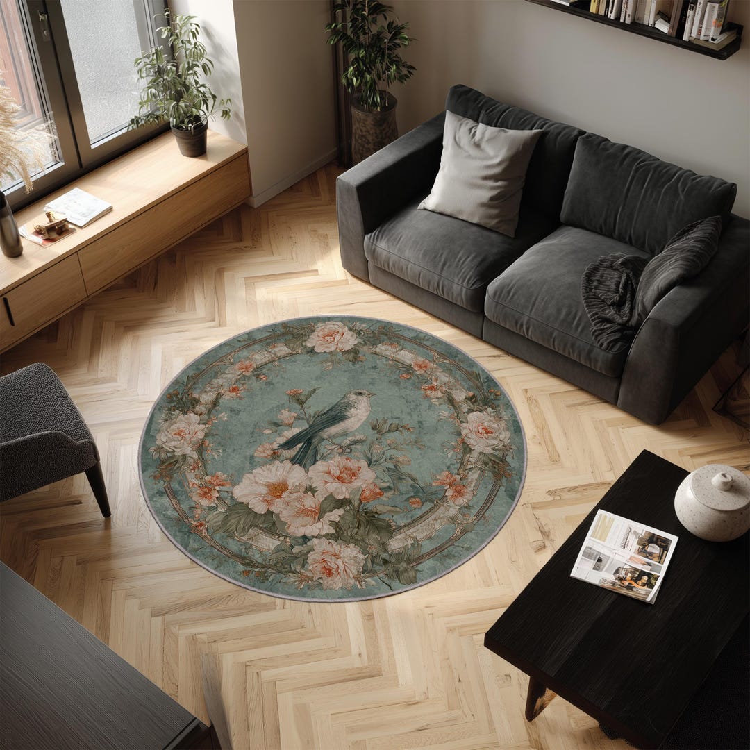 Retro Round Rug Vintage Round Rug: Green Floral Bird Design, Non-slip Soft Carpet - Etsy