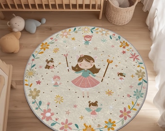 Round Fairy Nursery Rug, Pink Floral Kids Play Mat, Whimsical Forest Fairy Tale Room Decor, Soft Non-Slip Girl's Bedroom Carpet, Baby Gift