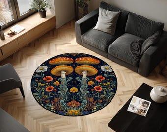 Mushroom Botanical Round Rug: Floral Folk Art Velvet Carpet