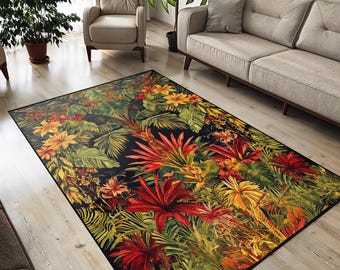 Tropical Floral Area Rug: Non-Slip Exotic Jungle Leaves Floor Mat