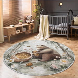 Round Bear Honey Rug – Forest Animal Nursery Carpet with Bees – Soft Washable Velvet Baby Room Mat – Woodland Theme