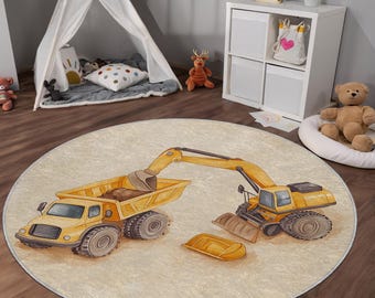 Construction Trucks Kids Rug: Washable, Non-Slip Play Mat