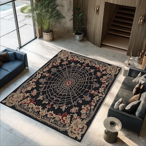 Gothic Spider Web Area Rug: Dark Floral, Non-Slip Halloween Decor