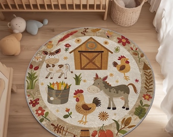 Farm Animal Round Rug: Velvet Nursery Play Mat