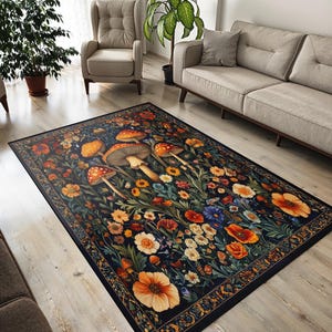 Boho Mushroom Area Rug – Botanical Velvet Carpet with Floral Forest Vibes – Colorful Non-Slip Mat for Cottagecore Home Decor