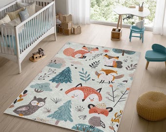 Woodland Animals Kids Rug: Scandinavian Nursery Decor, Soft Velvet