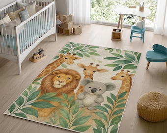 Safari Animals Kids Rug: Soft Velvet Nursery Play Mat