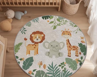 Round Safari Nursery Rug, Neutral Animal Play Mat for Baby Boy Girl Jungle Lion Elephant Giraffe Kids Room Decor, Boho Forest Nursery Carpet