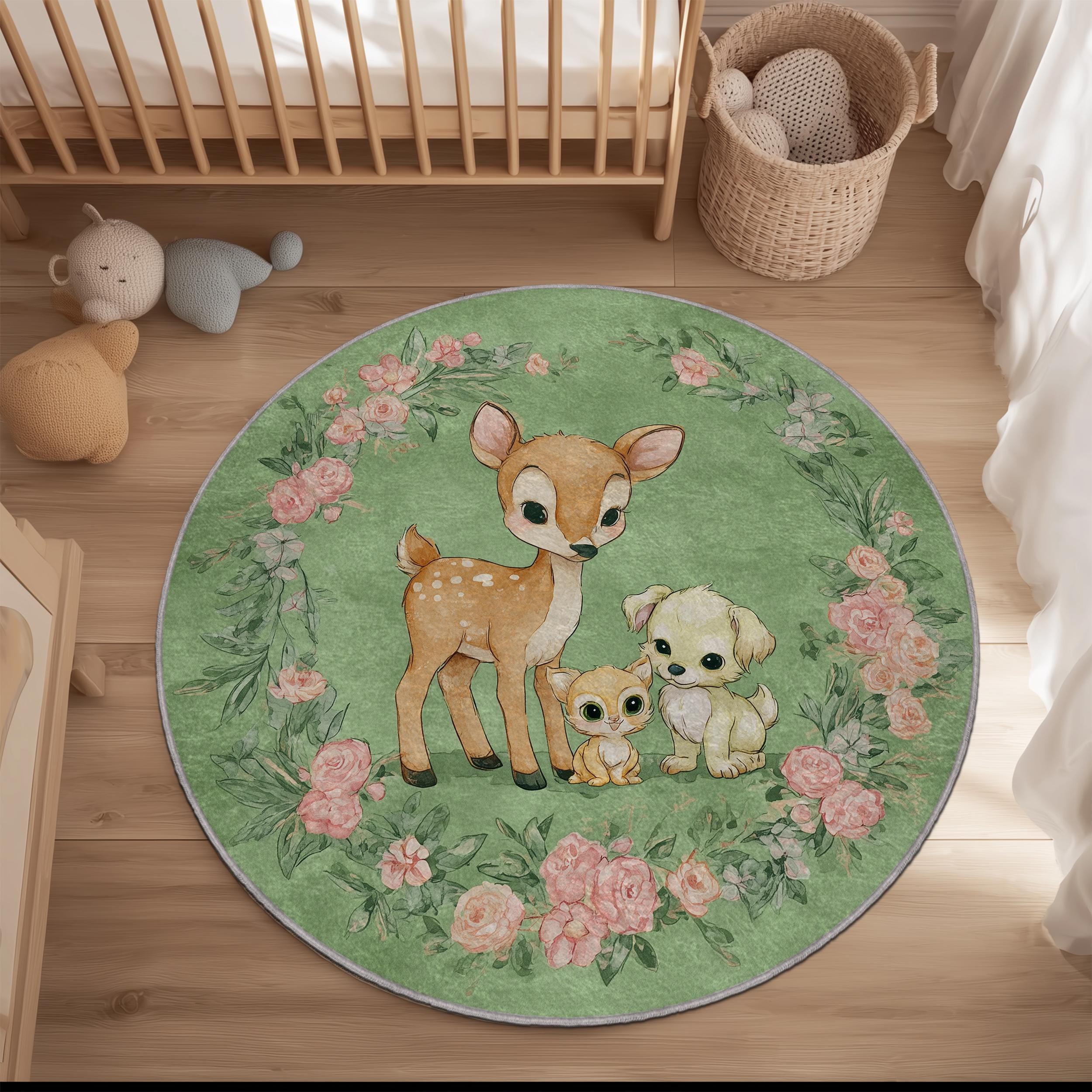 Nursery Rug: Deer, Puppy & Owl - Pink Rose Border, Washable