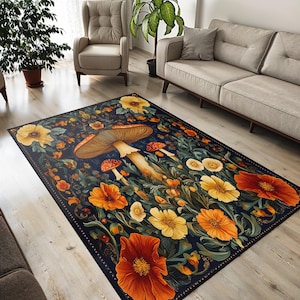Mushroom Forest Rug – Botanical Carpet with Wildflowers & Toadstools for Boho Living Room or Nature-Inspired Home Decor
