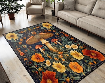 Mushroom Forest Rug: Botanical Wildflower & Toadstool Carpet