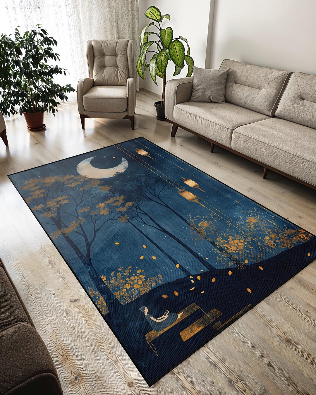 Red Moon Rug Crescent Moon Forest Rug: Velvet Night Scene Area Rug - Etsy