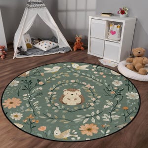 Weicher rutschfester Waldtierteppich für Kinderzimmer - Niedliche Igel-Vögel-Spielmatte - Waschbarer & hypoallergener Kinderzimmerteppich