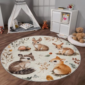 Waldtiere runden Teppich für Kinderzimmer | Rutschfeste gewebte Basis weiche Samt-Baby-Spielmatte | Süßer Waldteppich als Kinderzimmer Teppich