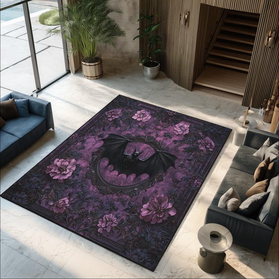 ゴシックバットラグ：紫の花柄ダークファンタジー滑り止めベルベット
