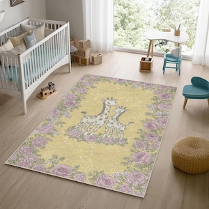 Yellow Giraffe Floral Nursery Rug – Washable Safari Animal Baby Room Carpet, Soft Kids Floor Mat, Whimsical Toddler Playroom Decor