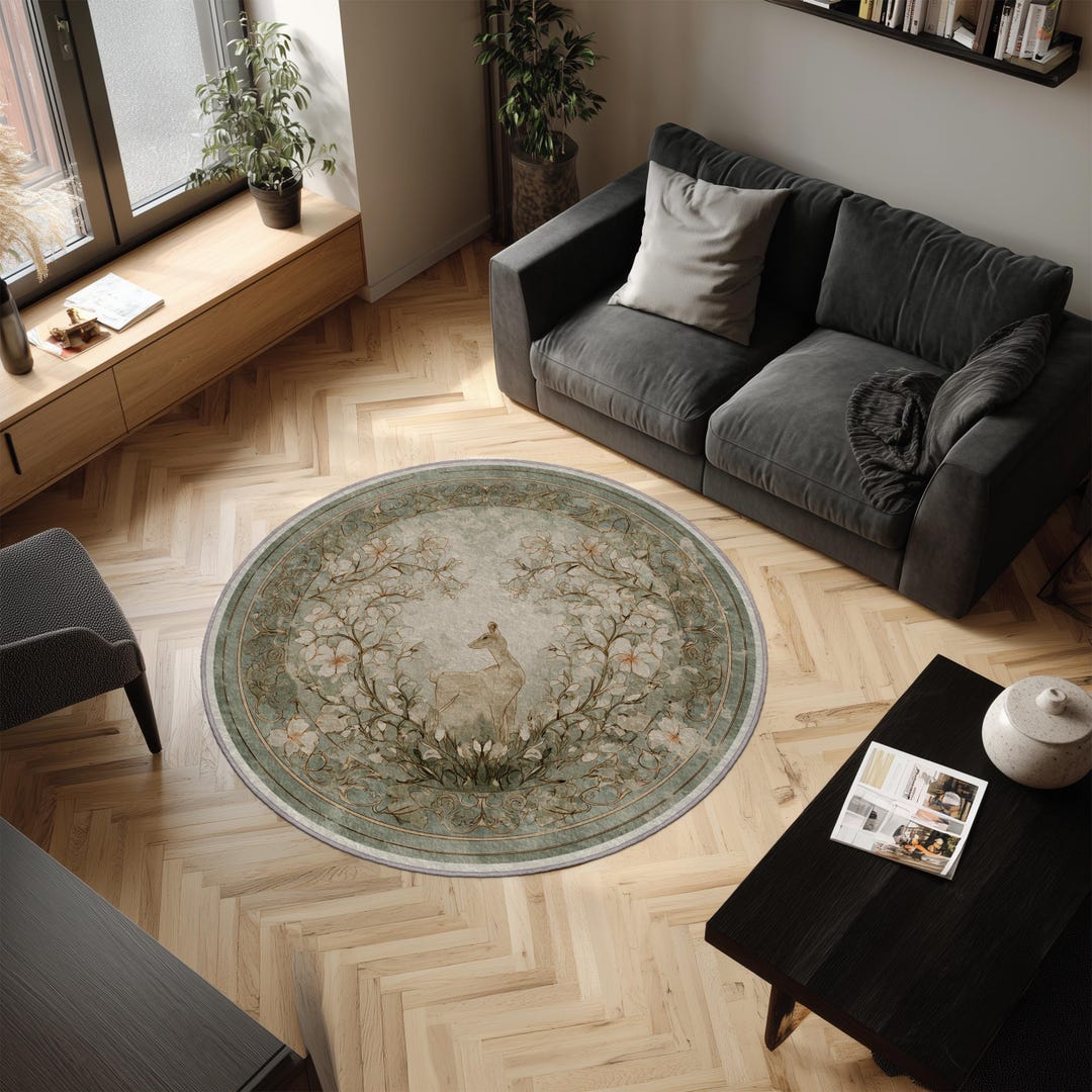 Fawn and Floral Round Area Rug: Sage Green Velvet or Chenille - Etsy