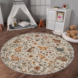 Woodland Animal Kids Rug - Non Slip Soft Washable Nursery Carpet - Cute Forest Theme Play Mat - Baby Room Decor