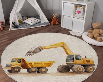 Construction Vehicles Kids Rug: Soft Velvet Excavator Play Mat