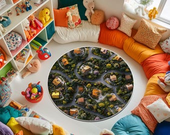 Kindervloerkleed dorpskaart: wasbaar speelkamertapijt, kinderkamerdecoratie