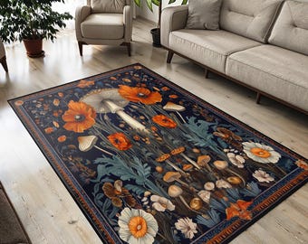 Dark Floral Mushroom Velvet Rug: Witchy Forestcore Botanical Carpet