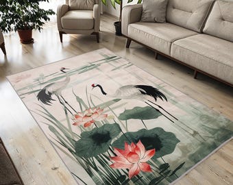 Crane Lotus Rug: Japanese Zen Velvet Carpet, Non-Slip & Washable