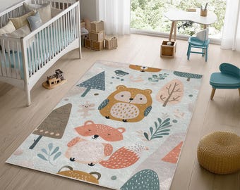Woodland Animals Nursery Rug – Washable Kids Playroom Carpet