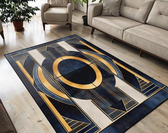 Alfombra Art Déco: Alfombra geométrica de terciopelo azul marino y dorado