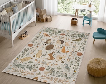 Woodland Nursery Rug: Soft Animal Pattern Kids Playroom Carpet