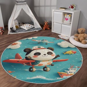 Cute Panda Plane Kids Rug - Non Slip Backing | Soft Cartoon Airplane Play Mat for Boys Girls Nursery & Toddler Room Decor