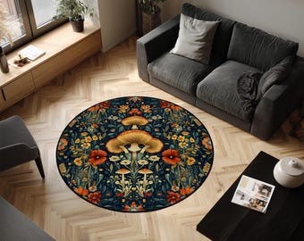 Mushroom Botanical Round Rug – Dark Floral Folk Art Chenille Carpet