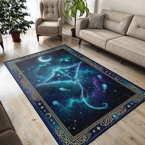 Op de afbeelding: Rechthoekig vloerkleed met een hemels ontwerp met een manta rog, kwallen en sterrenbeelden in blauwe, turquoise en paarse tinten. Het vloerkleed heeft een donkerblauwe rand met gouden accenten en geometrische patronen.