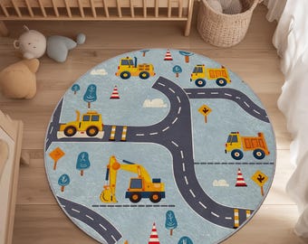 Round Construction Rug for Kids Room, Road Play Carpet with Trucks and Excavator, Nursery Area Rug, Toddler Playroom Decor, Baby Shower Gift