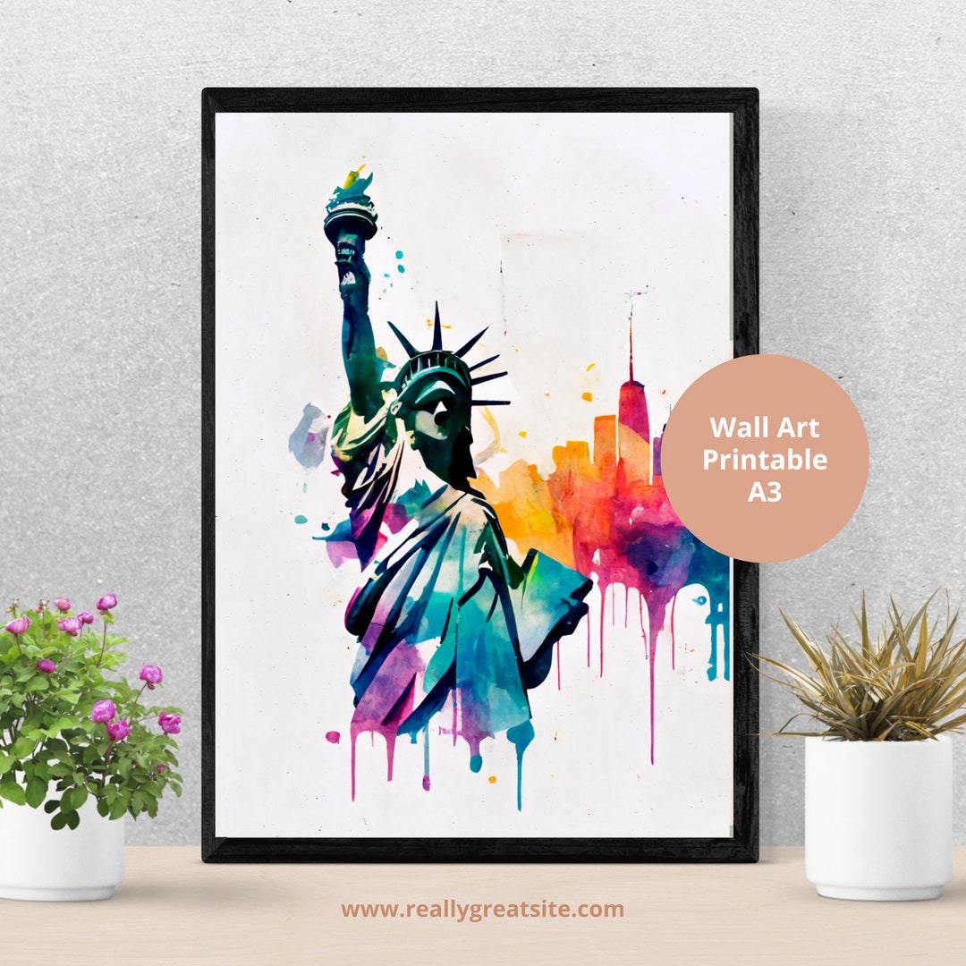 Statue of Liberty in Vibrant Watercolors, Dripping Painting, Landscape ...