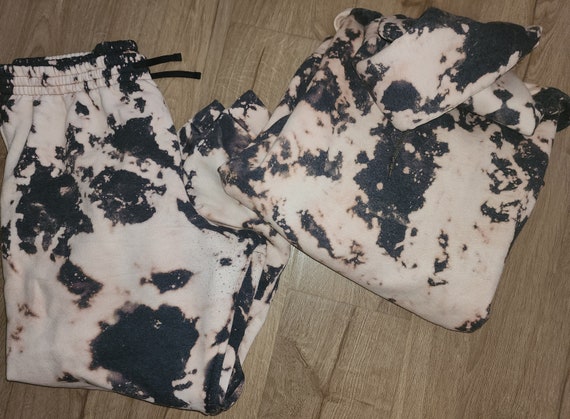 Bleach Dyed Joggers Hoodie Set Hooded Sweatshirt Sweatpants