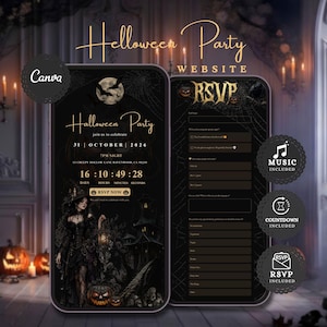 Könnte beinhalten: Zwei Smartphone-Bildschirme zeigen eine Website-Vorlage für eine Halloween-Party. Der linke Bildschirm zeigt Veranstaltungsdetails, einen Countdown-Timer und eine Hexenillustration. Der rechte Bildschirm enthält ein RSVP-Formular.