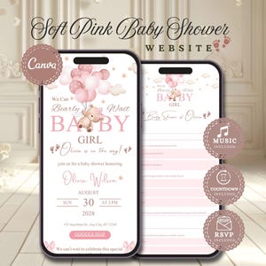 Pode incluir: Dois smartphones exibem um modelo de site para chá de bebê em rosa suave. As telas apresentam um ursinho de pelúcia segurando balões, o texto "We Can Bearly Wait Baby Girl", detalhes do evento para Olivia Wilson em 30 de agosto de 2028 e RSVP.