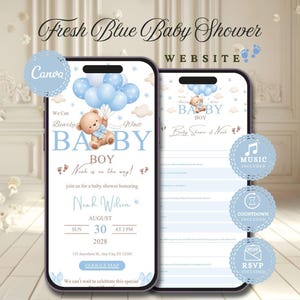 May include: Two smartphones displaying a digital baby shower invitation template with a light blue and white colour scheme. The design features a teddy bear holding blue balloons, text reading Baby Boy, Noah Wilson, August 30, 2028, and RSVP details.