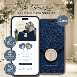Può includere: Un modello di sito web digitale per un save the date di matrimonio con un tema in pizzo blu navy. Lo schermo mostra testo tra cui The Navy Love, Save the Date Website, Arabella & James, Lake Geneva, Switzerland e un timer per il conto alla rovescia.
