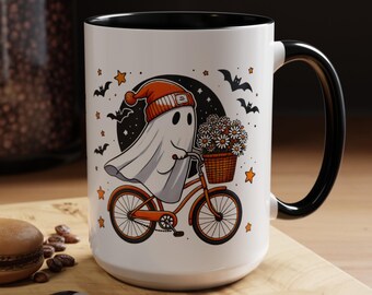 Ghost Riding A Bicycle, 11oz, 15oz | Ghost Coffee Mug | Halloween Decor | Halloween Coffee Mug | Spooky Season Mug | Fall Tea Cup