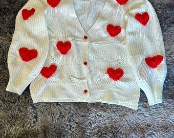 Hand embroidered yarn embroidered vneck women’s heart button up cardigan valentines holiday