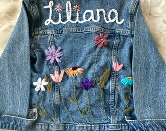 Kids Baby Jean jacket wild flower hand embroidery personalized name