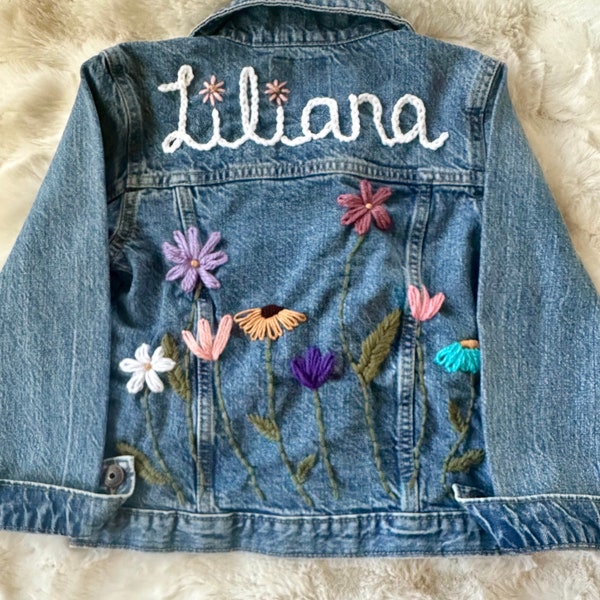 Kids Baby Jean jacket wild flower hand embroidery personalized name