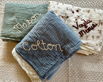 Personalized name hand embroidered baby newborn muslin fleece blanket