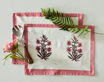 Placemats Set of 2 Floral Hand Block Printed on Premium Cotton 18in X 13in